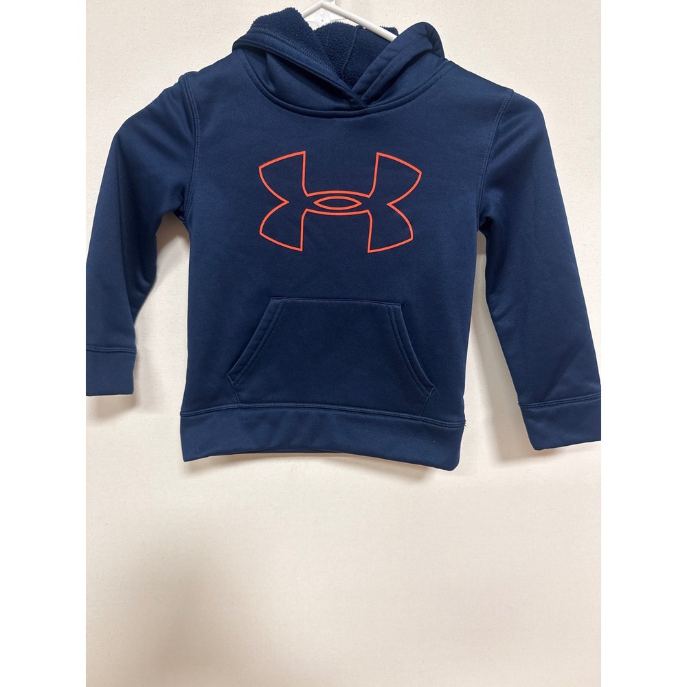 Under Armour Boys Navy Blue Orange Logo Fleece Lined Hoodie Size 4